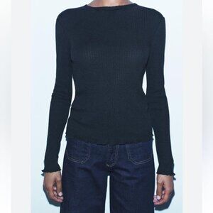 NWOT Zara Black Lettuce Trim Crewneck Lightweight Sweater Women’s Size Large